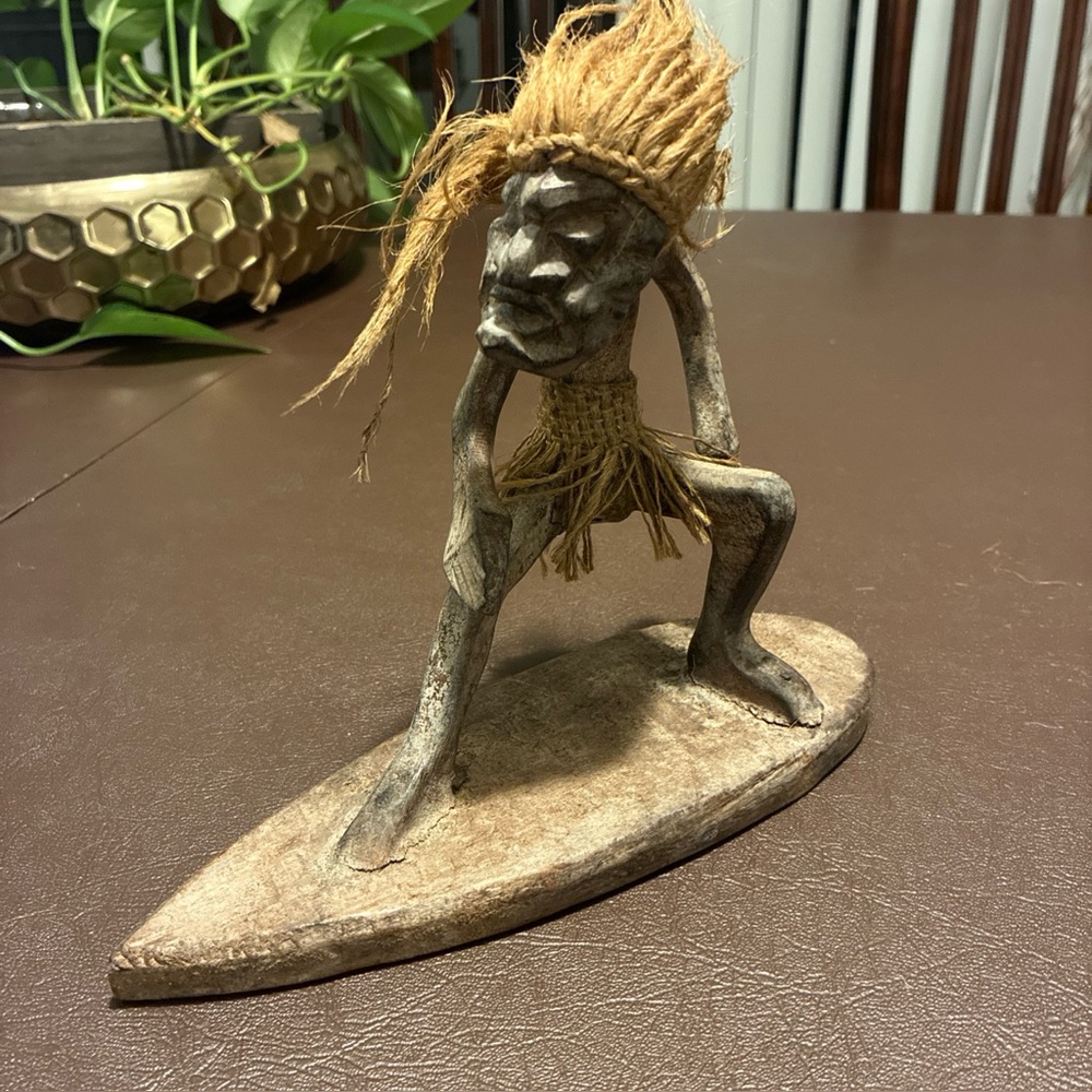 Wooden Primitive Surfing  Tribal Statue Tiki Bar Figurine Surf Hand Carved Decor